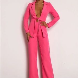 Neon Pink Fitted Blazer and Wide Leg Pants Set
